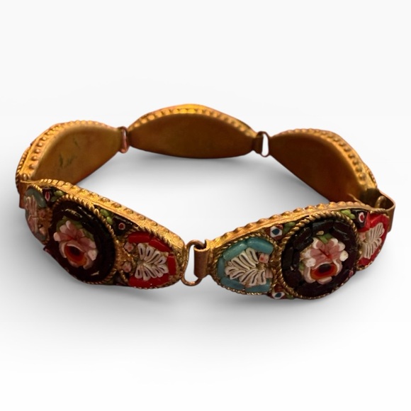 Antique Italy Signed Micro-Mosaic Floral 5 Panel Bracelet - Picture 3 of 13